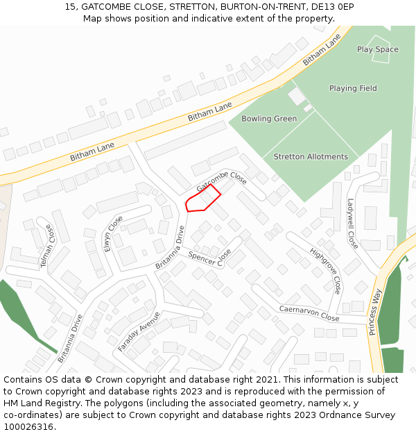 15, GATCOMBE CLOSE, STRETTON, BURTON-ON-TRENT, DE13 0EP: Location map and indicative extent of plot