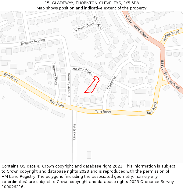 15, GLADEWAY, THORNTON-CLEVELEYS, FY5 5PA: Location map and indicative extent of plot