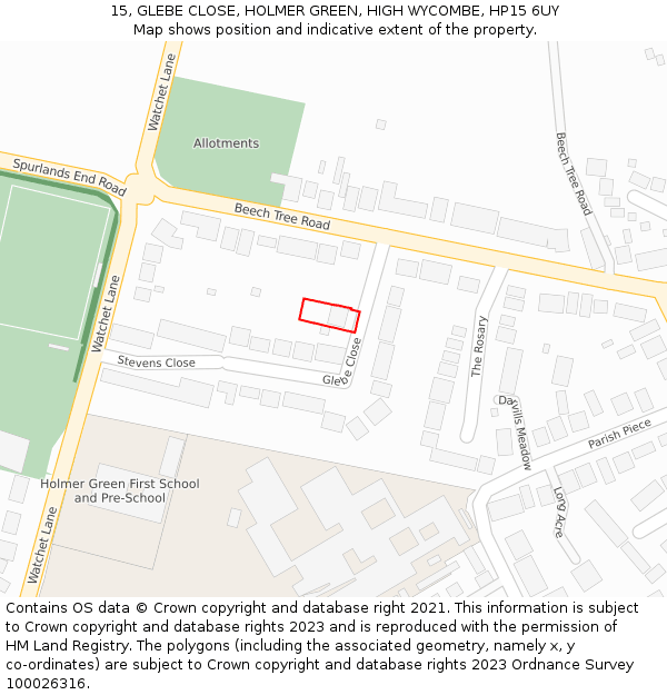 15, GLEBE CLOSE, HOLMER GREEN, HIGH WYCOMBE, HP15 6UY: Location map and indicative extent of plot