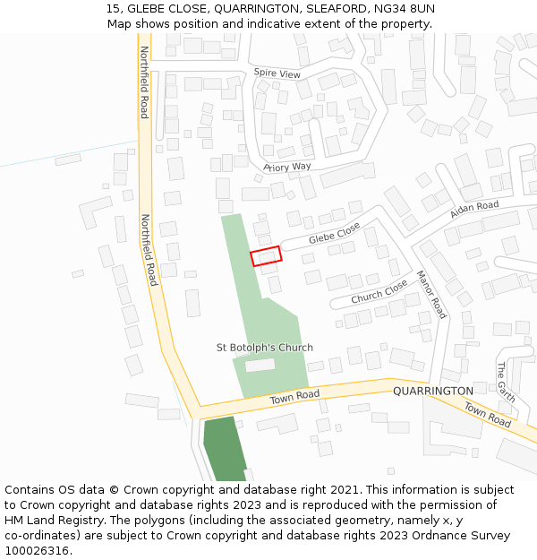 15, GLEBE CLOSE, QUARRINGTON, SLEAFORD, NG34 8UN: Location map and indicative extent of plot