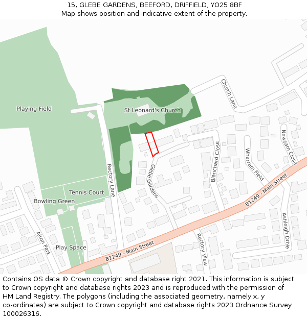 15, GLEBE GARDENS, BEEFORD, DRIFFIELD, YO25 8BF: Location map and indicative extent of plot