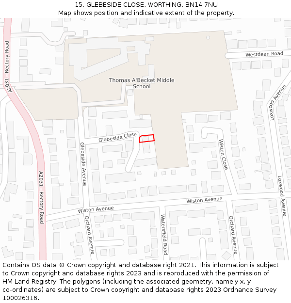 15, GLEBESIDE CLOSE, WORTHING, BN14 7NU: Location map and indicative extent of plot