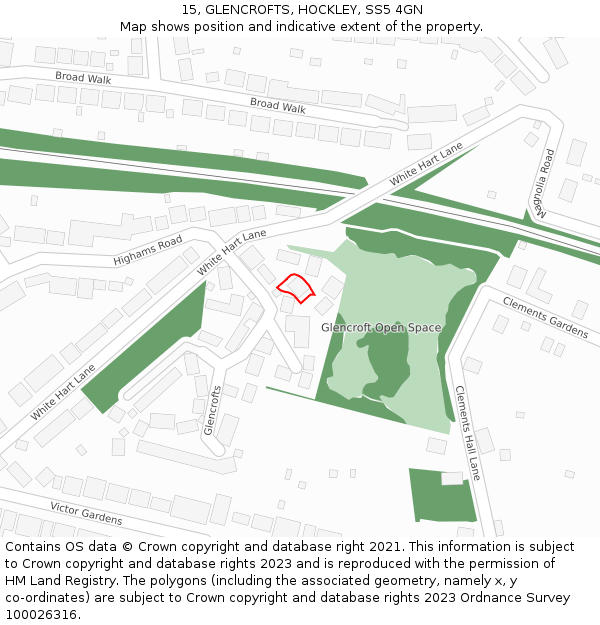 15, GLENCROFTS, HOCKLEY, SS5 4GN: Location map and indicative extent of plot