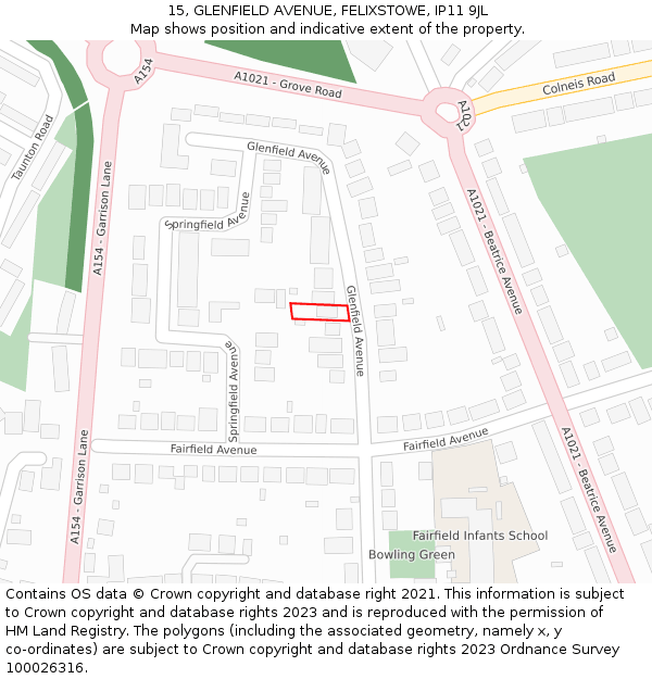 15, GLENFIELD AVENUE, FELIXSTOWE, IP11 9JL: Location map and indicative extent of plot