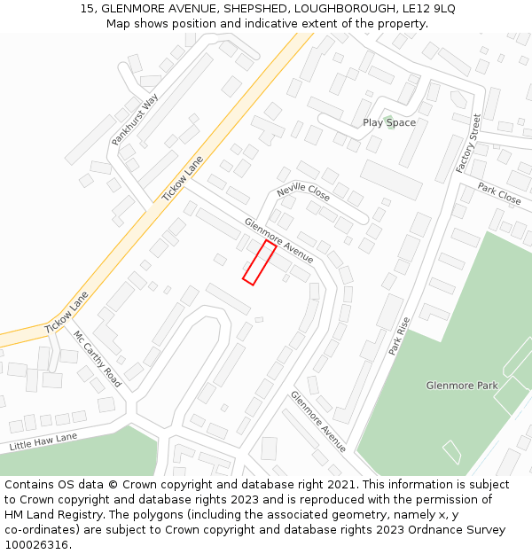 15, GLENMORE AVENUE, SHEPSHED, LOUGHBOROUGH, LE12 9LQ: Location map and indicative extent of plot