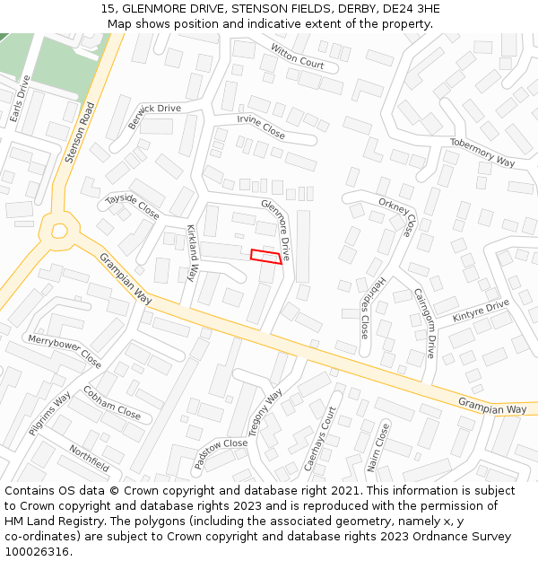 15, GLENMORE DRIVE, STENSON FIELDS, DERBY, DE24 3HE: Location map and indicative extent of plot