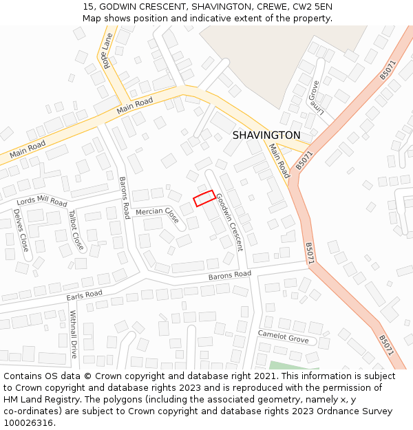 15, GODWIN CRESCENT, SHAVINGTON, CREWE, CW2 5EN: Location map and indicative extent of plot