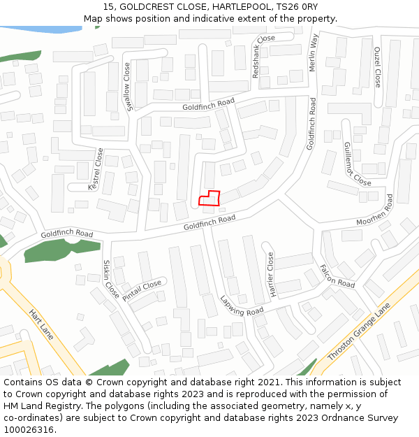 15, GOLDCREST CLOSE, HARTLEPOOL, TS26 0RY: Location map and indicative extent of plot