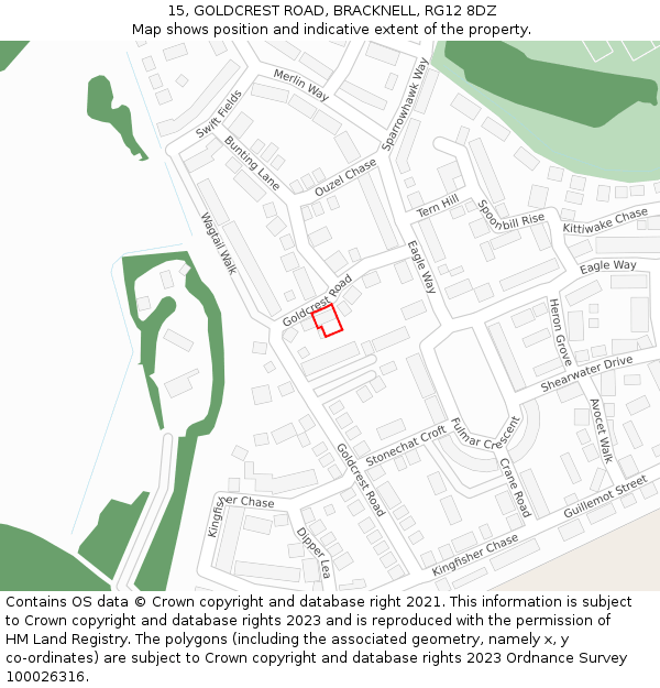 15, GOLDCREST ROAD, BRACKNELL, RG12 8DZ: Location map and indicative extent of plot