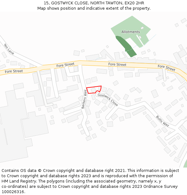 15, GOSTWYCK CLOSE, NORTH TAWTON, EX20 2HR: Location map and indicative extent of plot