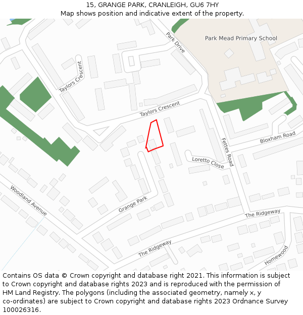 15, GRANGE PARK, CRANLEIGH, GU6 7HY: Location map and indicative extent of plot