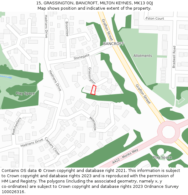 15, GRASSINGTON, BANCROFT, MILTON KEYNES, MK13 0QJ: Location map and indicative extent of plot