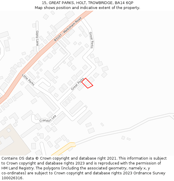 15, GREAT PARKS, HOLT, TROWBRIDGE, BA14 6QP: Location map and indicative extent of plot