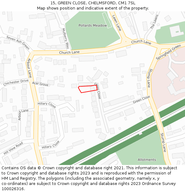 15, GREEN CLOSE, CHELMSFORD, CM1 7SL: Location map and indicative extent of plot