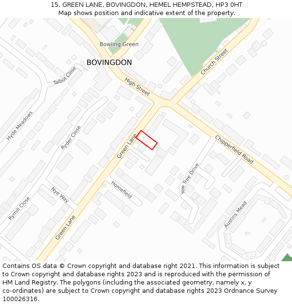 15, GREEN LANE, BOVINGDON, HEMEL HEMPSTEAD, HP3 0HT: Location map and indicative extent of plot