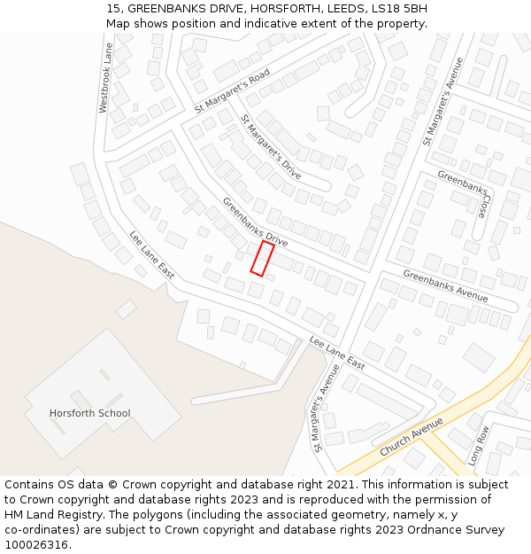 15, GREENBANKS DRIVE, HORSFORTH, LEEDS, LS18 5BH: Location map and indicative extent of plot