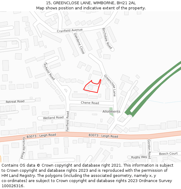 15, GREENCLOSE LANE, WIMBORNE, BH21 2AL: Location map and indicative extent of plot