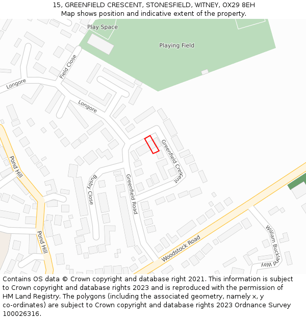 15, GREENFIELD CRESCENT, STONESFIELD, WITNEY, OX29 8EH: Location map and indicative extent of plot