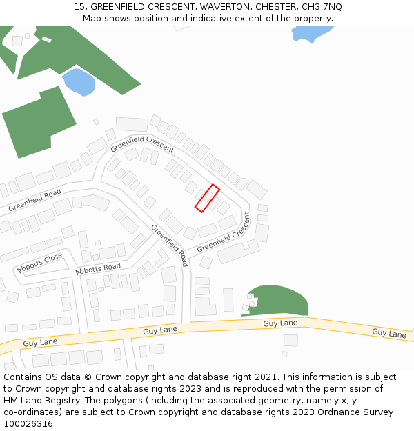 15, GREENFIELD CRESCENT, WAVERTON, CHESTER, CH3 7NQ: Location map and indicative extent of plot
