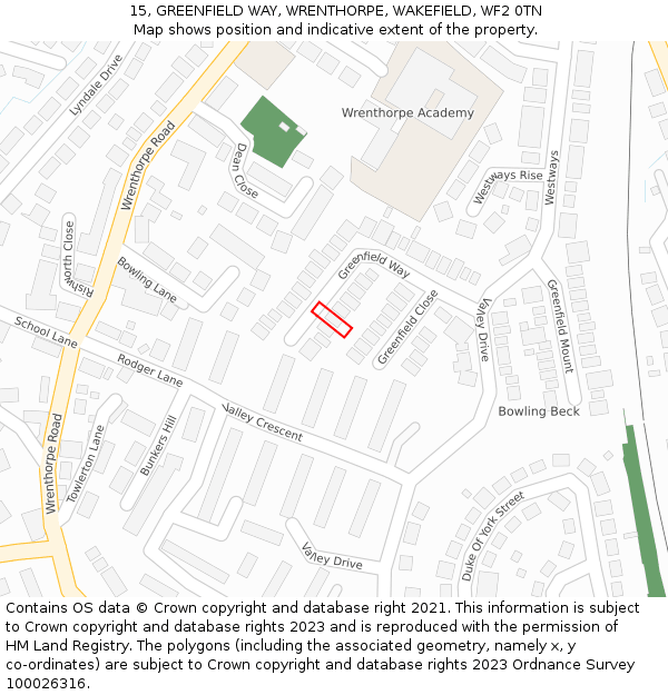 15, GREENFIELD WAY, WRENTHORPE, WAKEFIELD, WF2 0TN: Location map and indicative extent of plot