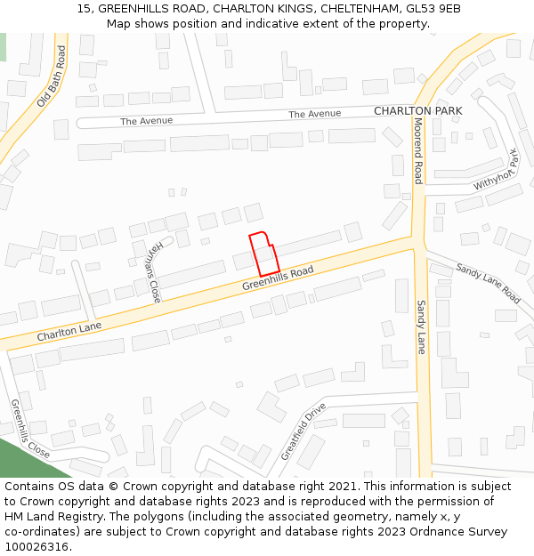 15, GREENHILLS ROAD, CHARLTON KINGS, CHELTENHAM, GL53 9EB: Location map and indicative extent of plot