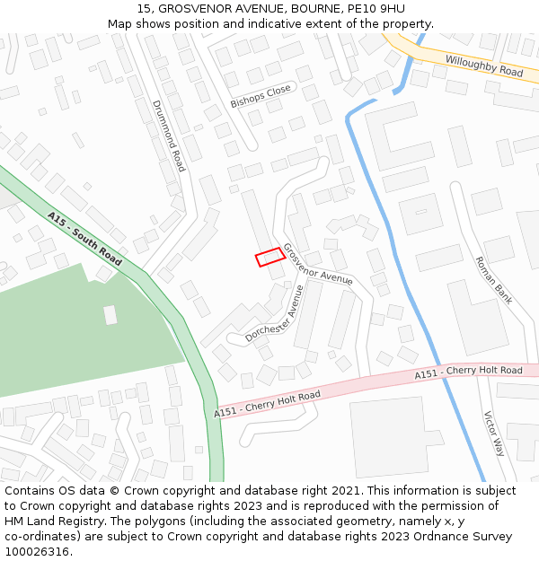 15, GROSVENOR AVENUE, BOURNE, PE10 9HU: Location map and indicative extent of plot
