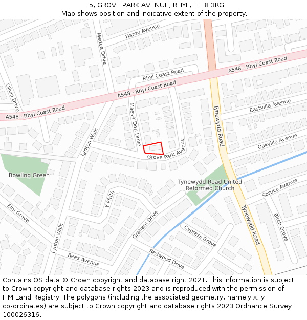 15, GROVE PARK AVENUE, RHYL, LL18 3RG: Location map and indicative extent of plot