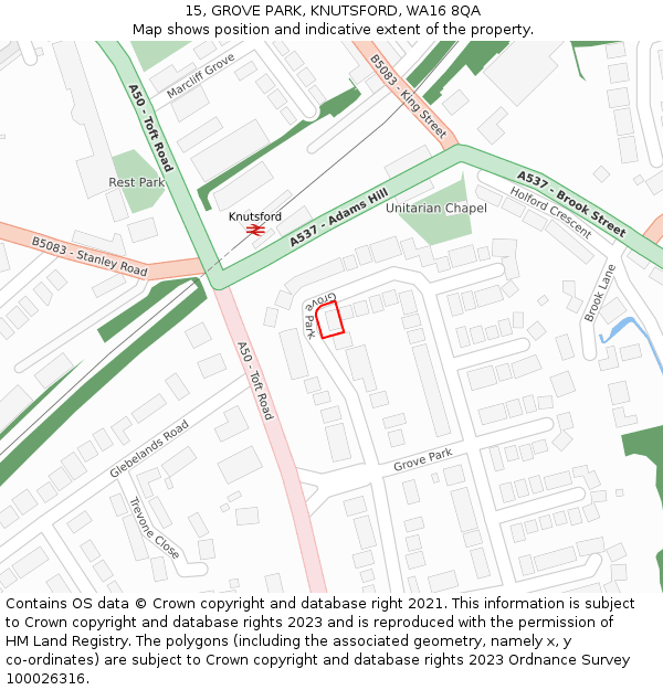 15, GROVE PARK, KNUTSFORD, WA16 8QA: Location map and indicative extent of plot