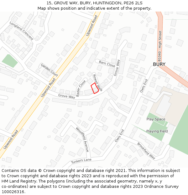 15, GROVE WAY, BURY, HUNTINGDON, PE26 2LS: Location map and indicative extent of plot
