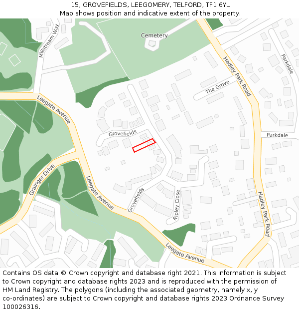 15, GROVEFIELDS, LEEGOMERY, TELFORD, TF1 6YL: Location map and indicative extent of plot