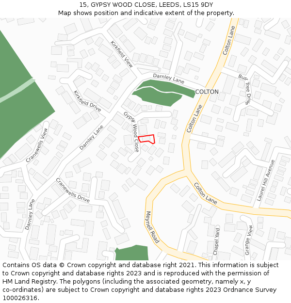 15, GYPSY WOOD CLOSE, LEEDS, LS15 9DY: Location map and indicative extent of plot