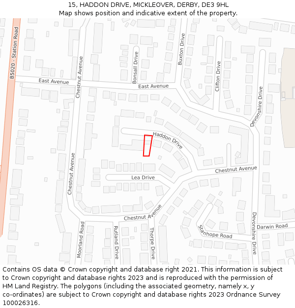 15, HADDON DRIVE, MICKLEOVER, DERBY, DE3 9HL: Location map and indicative extent of plot