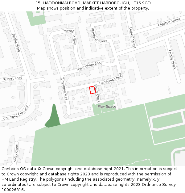 15, HADDONIAN ROAD, MARKET HARBOROUGH, LE16 9GD: Location map and indicative extent of plot