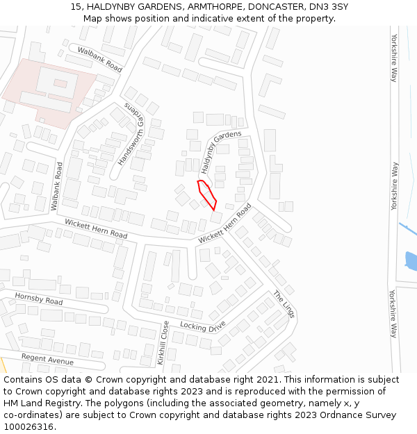 15, HALDYNBY GARDENS, ARMTHORPE, DONCASTER, DN3 3SY: Location map and indicative extent of plot