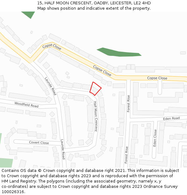 15, HALF MOON CRESCENT, OADBY, LEICESTER, LE2 4HD: Location map and indicative extent of plot