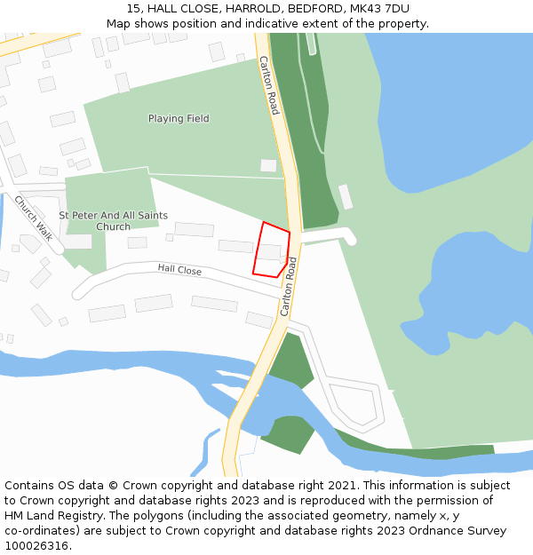 15, HALL CLOSE, HARROLD, BEDFORD, MK43 7DU: Location map and indicative extent of plot