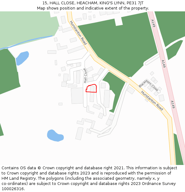 15, HALL CLOSE, HEACHAM, KING'S LYNN, PE31 7JT: Location map and indicative extent of plot