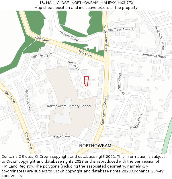 15, HALL CLOSE, NORTHOWRAM, HALIFAX, HX3 7EX: Location map and indicative extent of plot