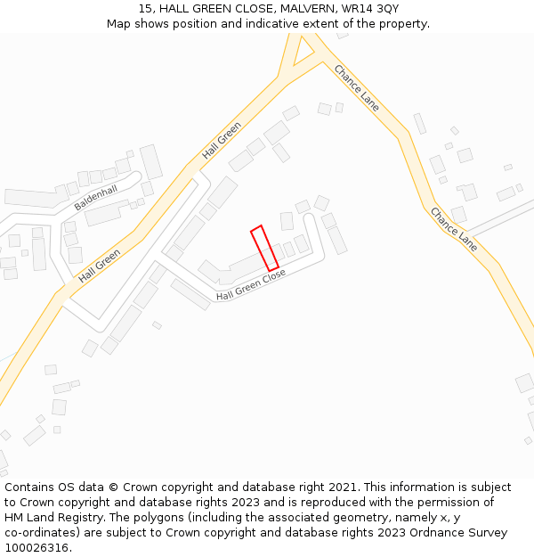 15, HALL GREEN CLOSE, MALVERN, WR14 3QY: Location map and indicative extent of plot