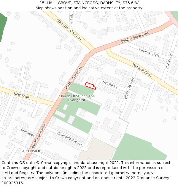 15, HALL GROVE, STAINCROSS, BARNSLEY, S75 6LW: Location map and indicative extent of plot