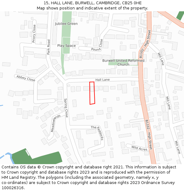 15, HALL LANE, BURWELL, CAMBRIDGE, CB25 0HE: Location map and indicative extent of plot