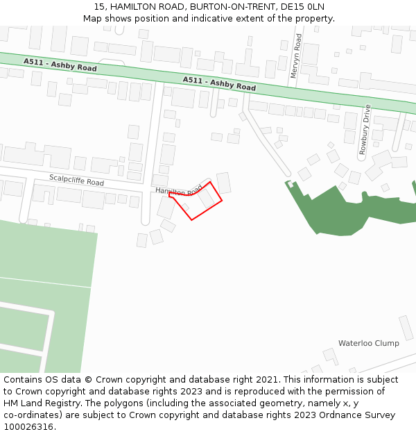 15, HAMILTON ROAD, BURTON-ON-TRENT, DE15 0LN: Location map and indicative extent of plot
