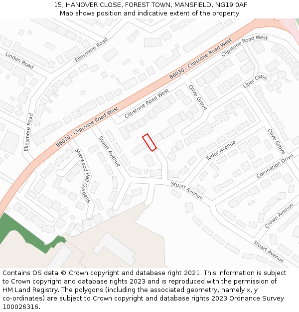 15, HANOVER CLOSE, FOREST TOWN, MANSFIELD, NG19 0AF: Location map and indicative extent of plot