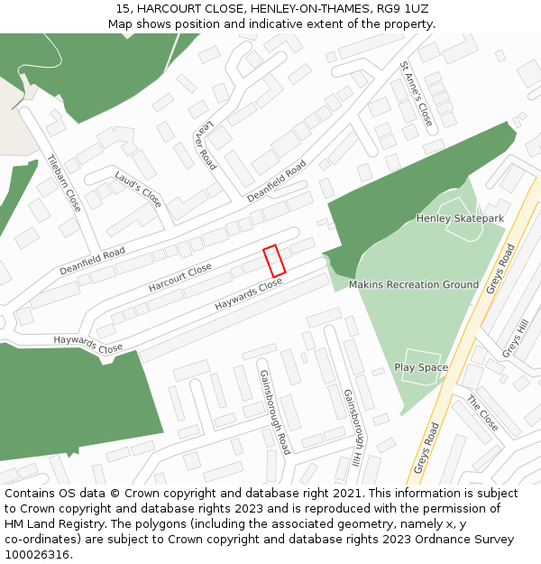 15, HARCOURT CLOSE, HENLEY-ON-THAMES, RG9 1UZ: Location map and indicative extent of plot