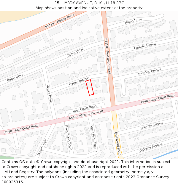 15, HARDY AVENUE, RHYL, LL18 3BG: Location map and indicative extent of plot