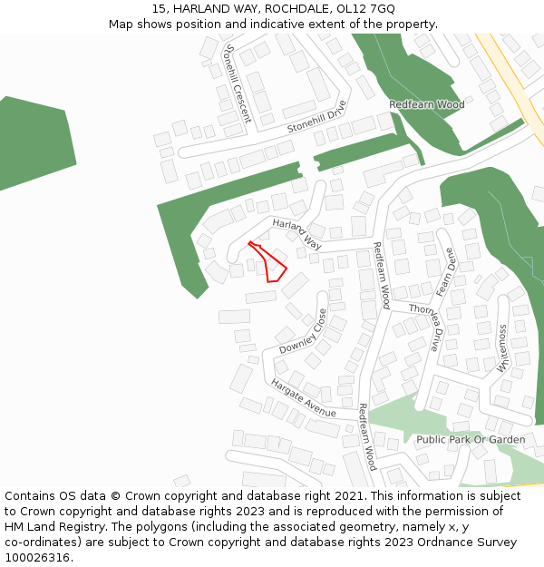 15, HARLAND WAY, ROCHDALE, OL12 7GQ: Location map and indicative extent of plot