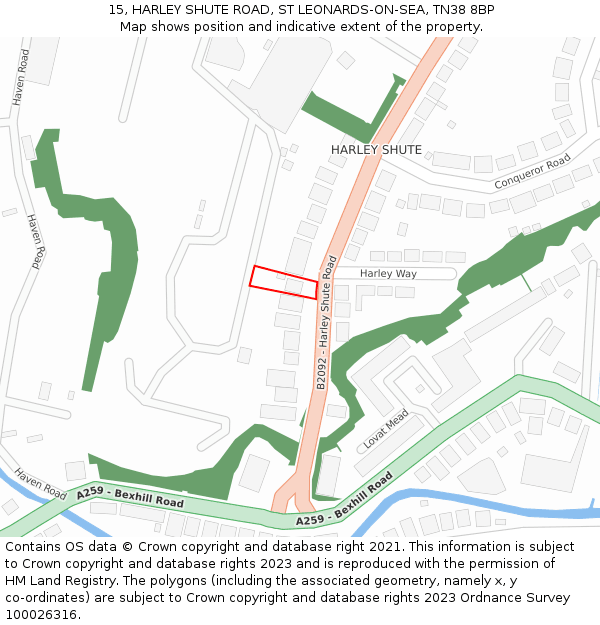 15, HARLEY SHUTE ROAD, ST LEONARDS-ON-SEA, TN38 8BP: Location map and indicative extent of plot