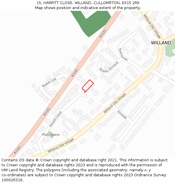 15, HARPITT CLOSE, WILLAND, CULLOMPTON, EX15 2RX: Location map and indicative extent of plot