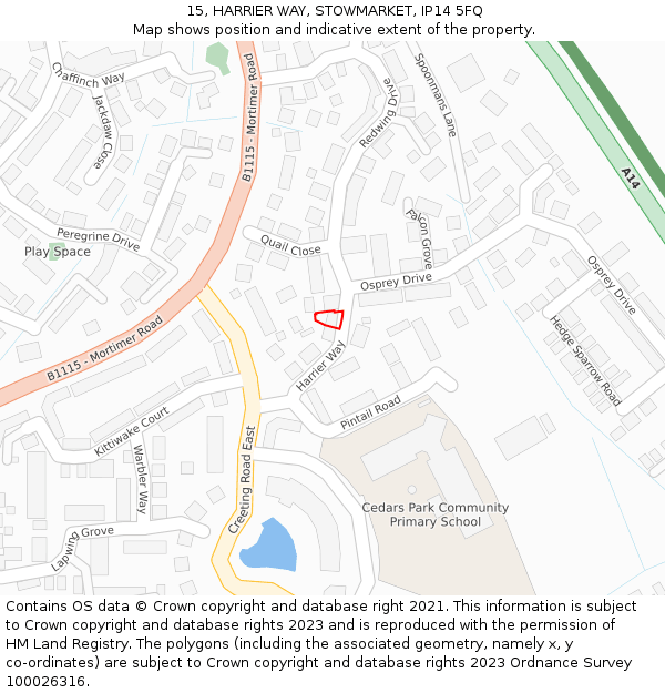 15, HARRIER WAY, STOWMARKET, IP14 5FQ: Location map and indicative extent of plot