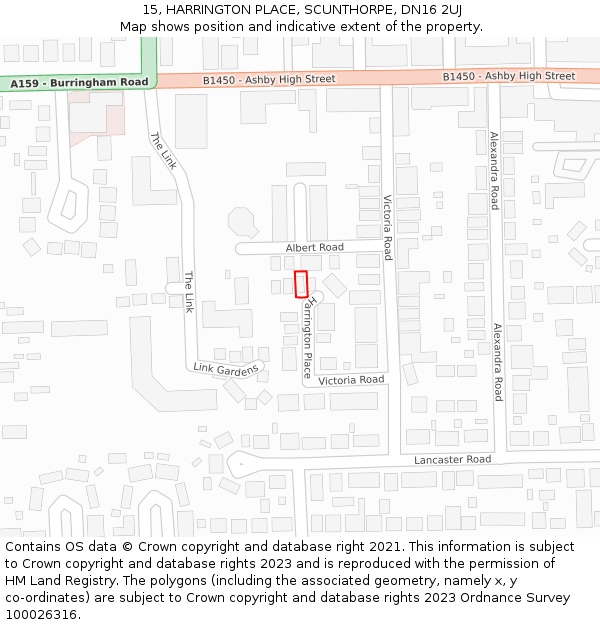 15, HARRINGTON PLACE, SCUNTHORPE, DN16 2UJ: Location map and indicative extent of plot